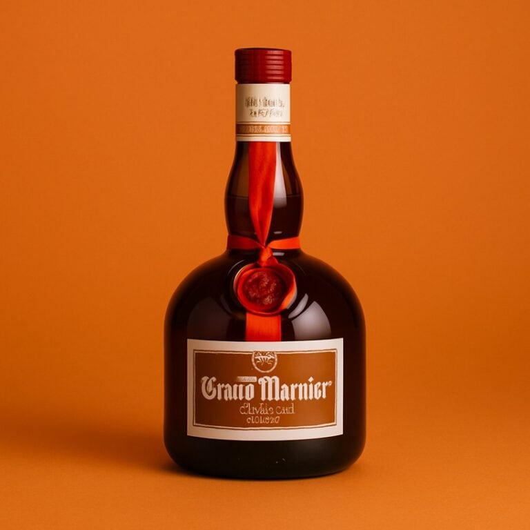 Bottiglia elegante di Grand Marnier su sfondo monocromatico arancione