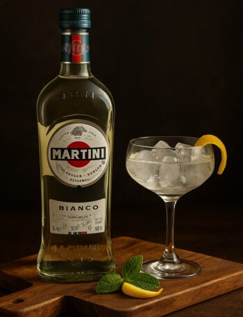Martini Bianco in bottiglia su tagliere di legno con bicchiere ghiacciato, scorza di limone e foglia di menta