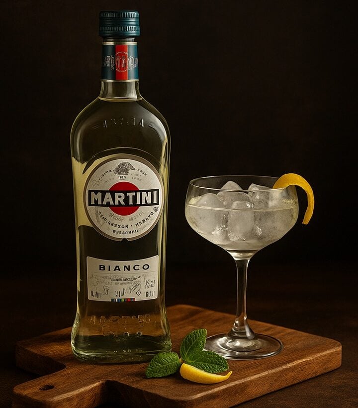 Martini Bianco in bottiglia su tagliere di legno con bicchiere ghiacciato, scorza di limone e foglia di menta