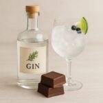 Bottiglia di gin trasparente con bicchiere da cocktail e lime
