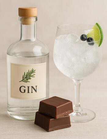 Bottiglia di gin trasparente con bicchiere da cocktail e lime