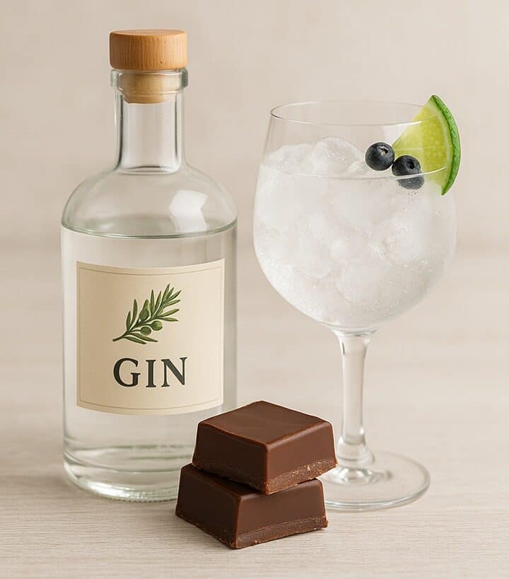 Bottiglia di gin trasparente con bicchiere da cocktail e lime
