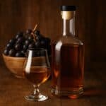 Bottiglia di grappa con riflessi dorati su fondo neutro