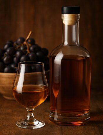 Bottiglia di grappa con riflessi dorati su fondo neutro