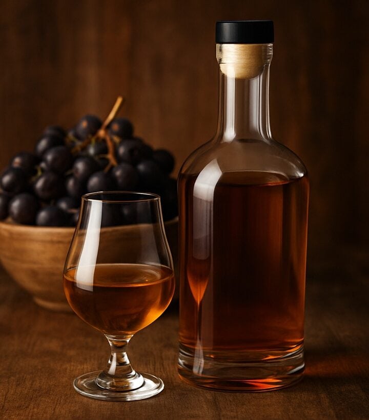 Bottiglia di grappa con riflessi dorati su fondo neutro