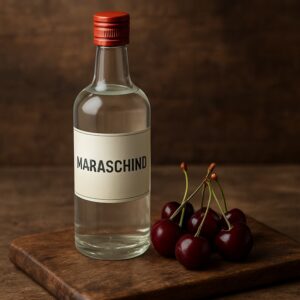 Bottiglia trasparente di maraschino accanto a ciliegie marasche su tagliere rustico in legno