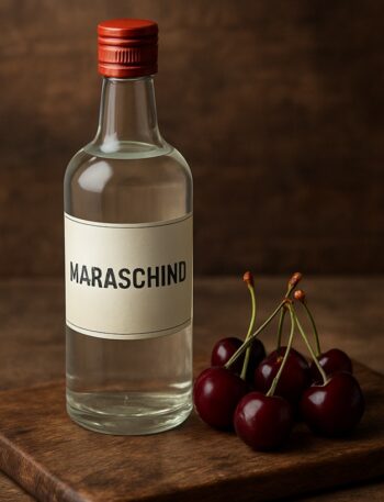 Bottiglia trasparente di maraschino accanto a ciliegie marasche su tagliere rustico in legno
