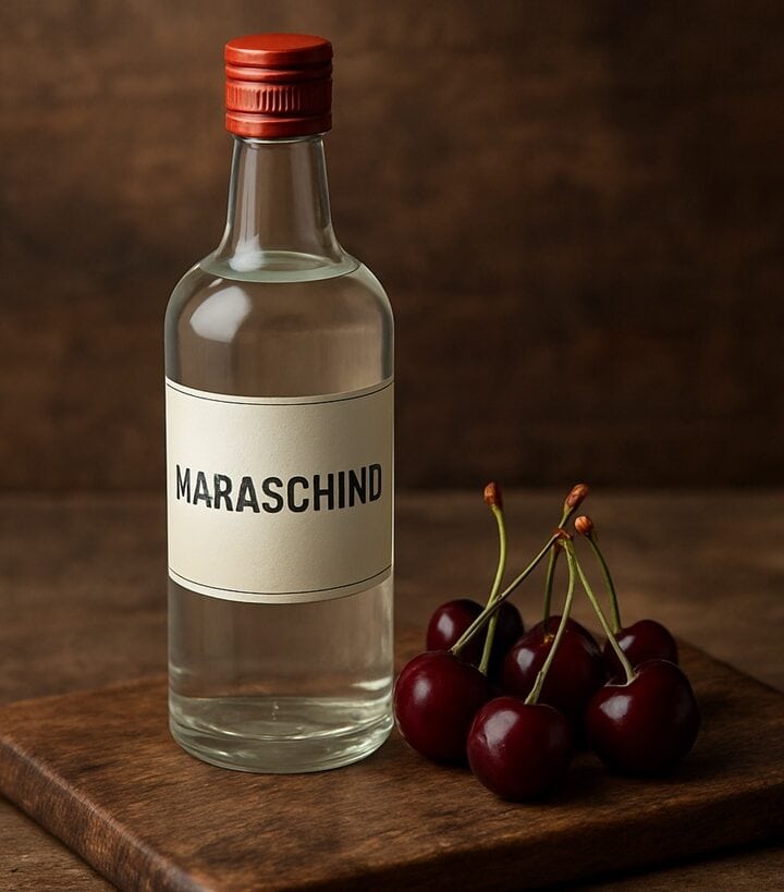 Bottiglia trasparente di maraschino accanto a ciliegie marasche su tagliere rustico in legno