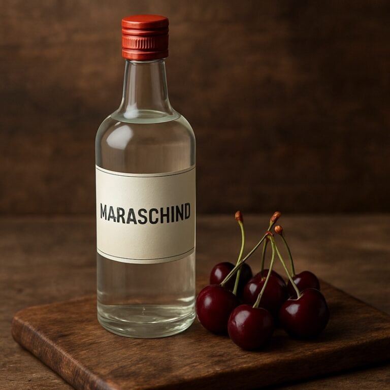 Bottiglia trasparente di maraschino accanto a ciliegie marasche su tagliere rustico in legno