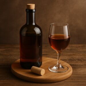 Bottiglia di Marsala scuro con bicchiere pieno su tagliere di legno naturale