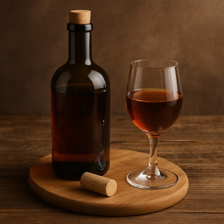 Bottiglia di Marsala scuro con bicchiere pieno su tagliere di legno naturale