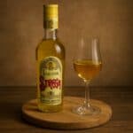 Bottiglia di liquore Strega e bicchiere da degustazione su tagliere in legno naturale