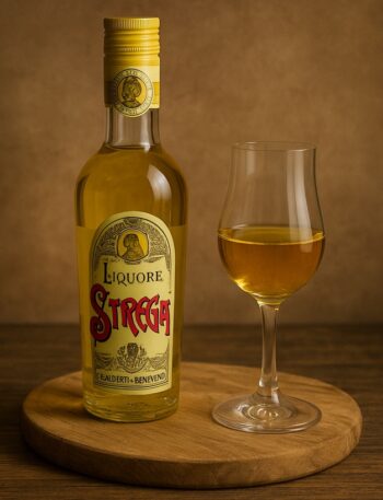 Bottiglia di liquore Strega e bicchiere da degustazione su tagliere in legno naturale