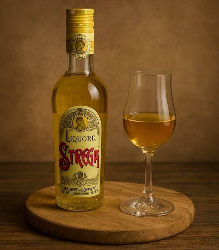 Bottiglia di liquore Strega e bicchiere da degustazione su tagliere in legno naturale