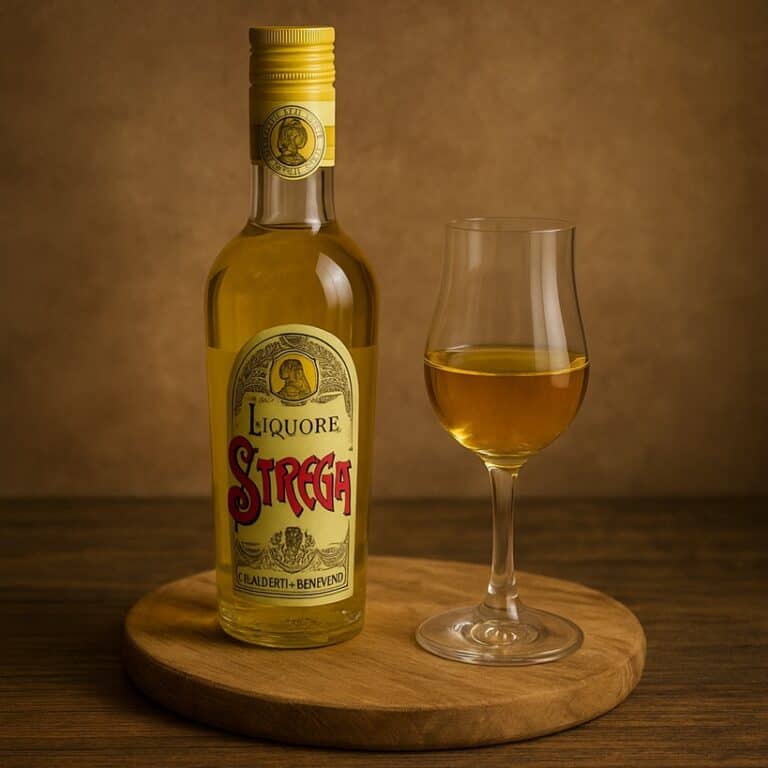 Bottiglia di liquore Strega e bicchiere da degustazione su tagliere in legno naturale