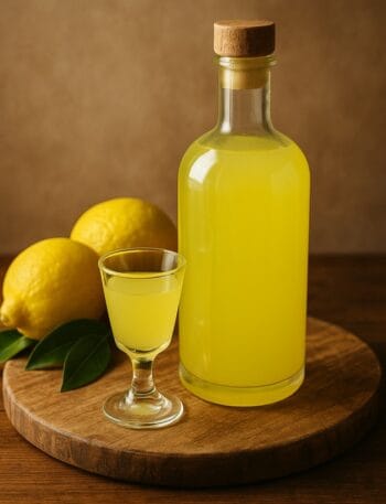 Bottiglia trasparente di limoncello e bicchierino pieni su tagliere in legno con limoni freschi