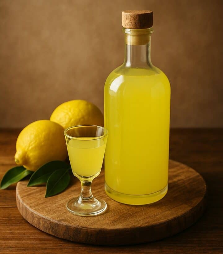 Bottiglia trasparente di limoncello e bicchierino pieni su tagliere in legno con limoni freschi