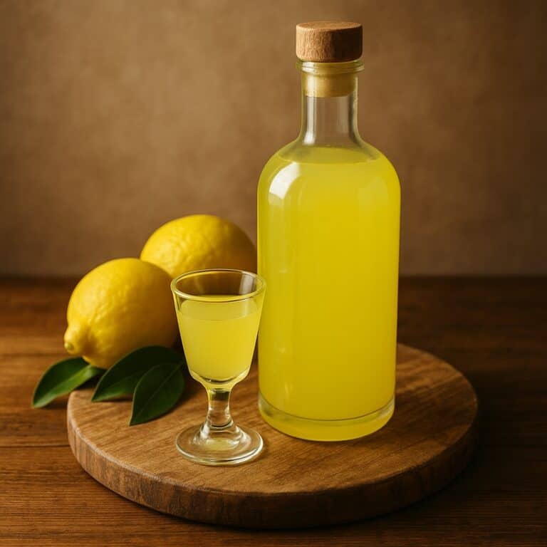 Bottiglia trasparente di limoncello e bicchierino pieni su tagliere in legno con limoni freschi
