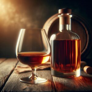 n bicchiere di brandy ambrato su un tavolo di legno con luce calda che esalta i riflessi dorati del liquore.