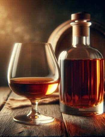 n bicchiere di brandy ambrato su un tavolo di legno con luce calda che esalta i riflessi dorati del liquore.