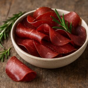 Bresaola affettata su tagliere in legno