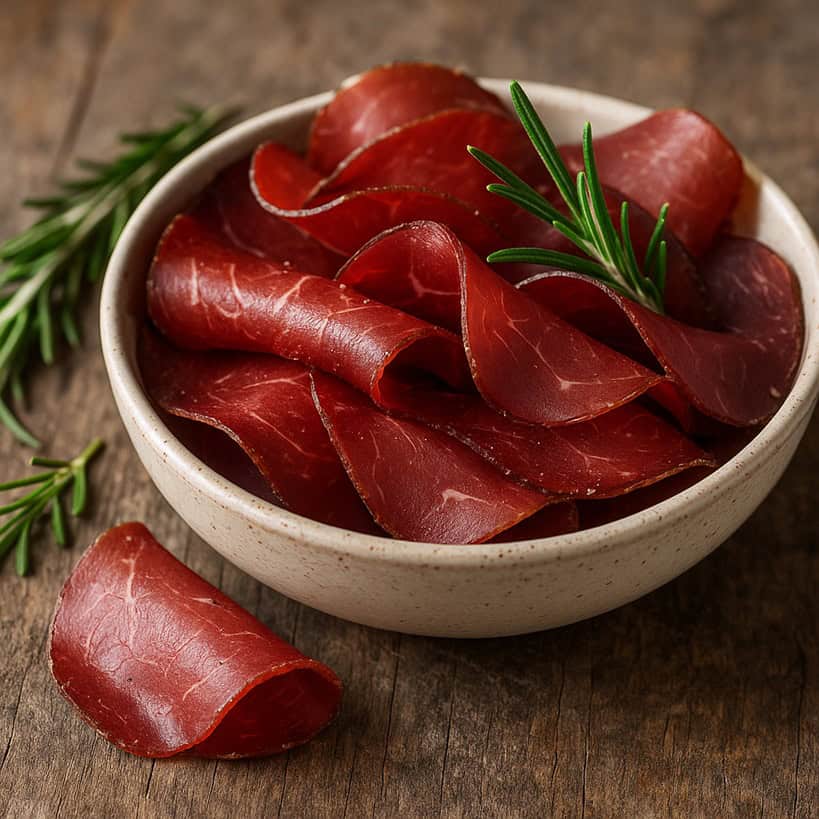 Bresaola affettata su tagliere in legno