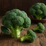 Primo piano di broccoli verdi disposti su una superficie di legno con luce naturale
