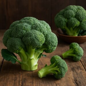 Primo piano di broccoli verdi disposti su una superficie di legno con luce naturale