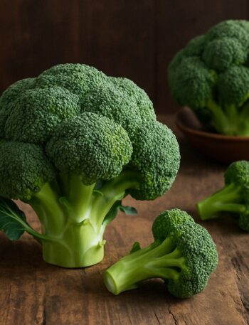 Primo piano di broccoli verdi disposti su una superficie di legno con luce naturale