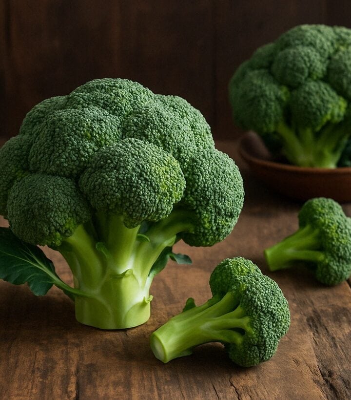 Primo piano di broccoli verdi disposti su una superficie di legno con luce naturale