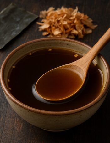 Ciotola di ceramica con brodo dashi, cucchiaio in legno, kombu e katsuobushi sullo sfondo