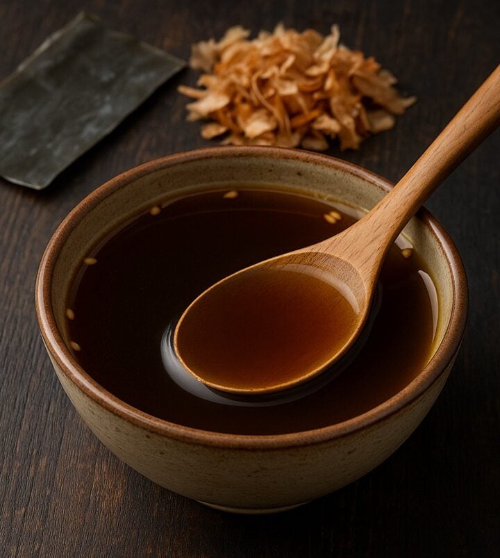 Ciotola di ceramica con brodo dashi, cucchiaio in legno, kombu e katsuobushi sullo sfondo
