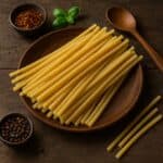Bucatini non cotti disposti ordinatamente su un piatto in legno, con cucchiaio e spezie sullo sfondo