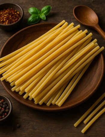 Bucatini non cotti disposti ordinatamente su un piatto in legno, con cucchiaio e spezie sullo sfondo