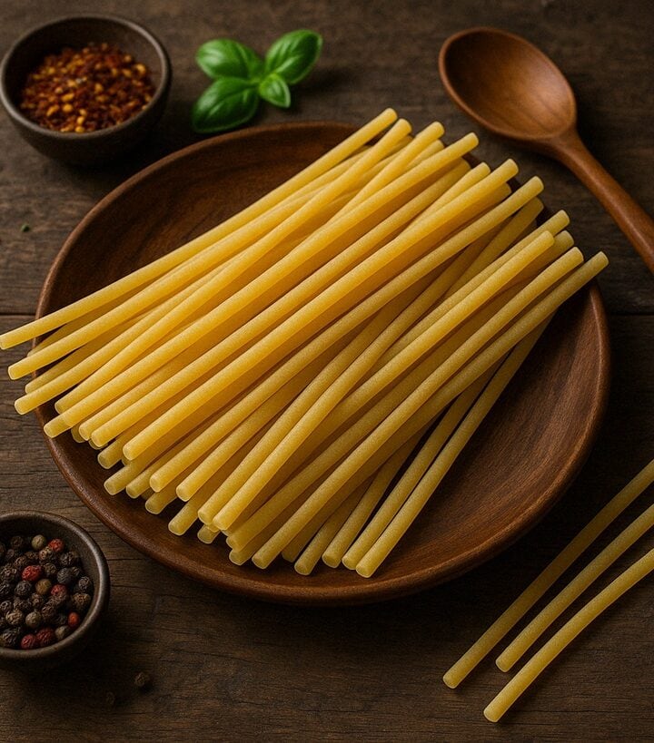 Bucatini non cotti disposti ordinatamente su un piatto in legno, con cucchiaio e spezie sullo sfondo
