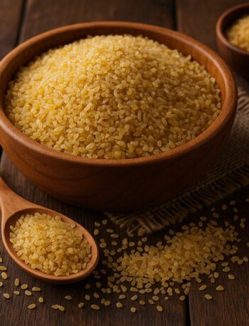 Bulgur non cotto in una ciotola rustica accanto a un cucchiaio e spezie assortite