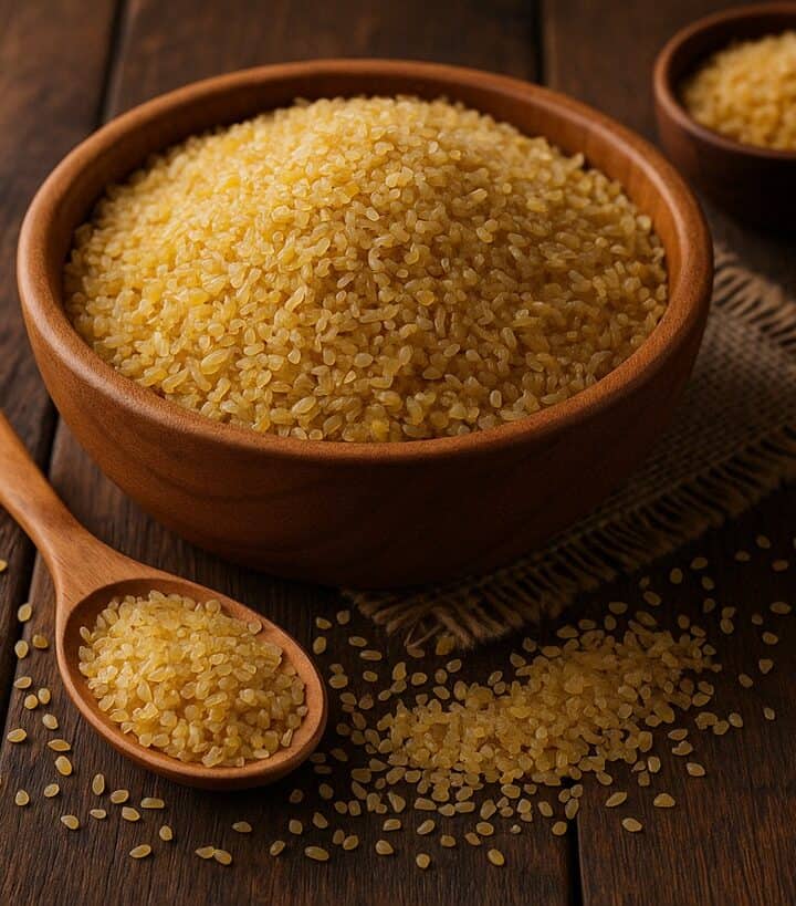 Bulgur non cotto in una ciotola rustica accanto a un cucchiaio e spezie assortite