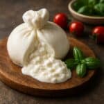 Burrata fresca su un piatto con pomodorini e basilico, mostrando la sua consistenza morbida e il ripieno cremoso.
