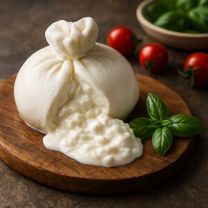 Burrata fresca su un piatto con pomodorini e basilico, mostrando la sua consistenza morbida e il ripieno cremoso.