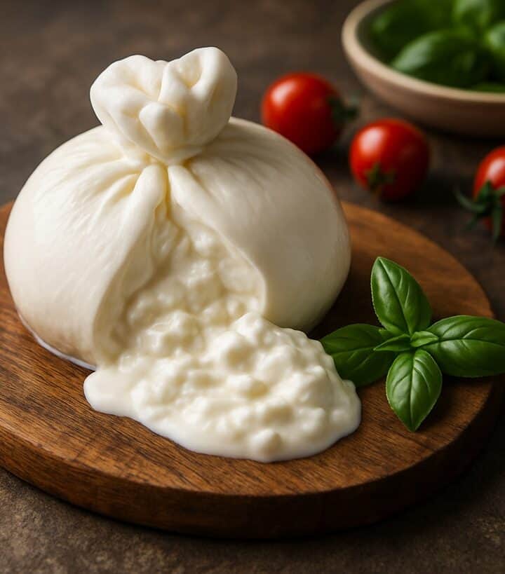 Burrata fresca su un piatto con pomodorini e basilico, mostrando la sua consistenza morbida e il ripieno cremoso.