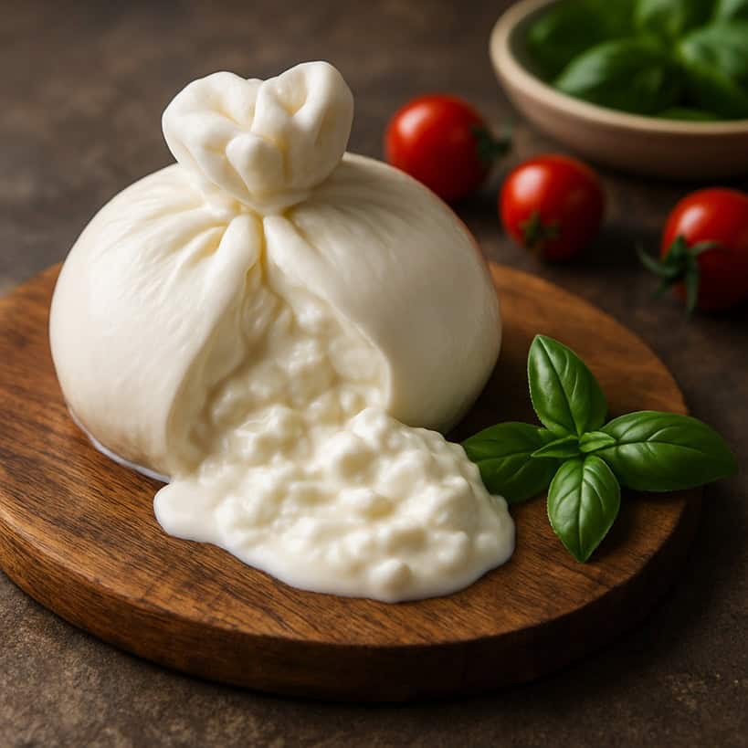 Burrata fresca su un piatto con pomodorini e basilico, mostrando la sua consistenza morbida e il ripieno cremoso.