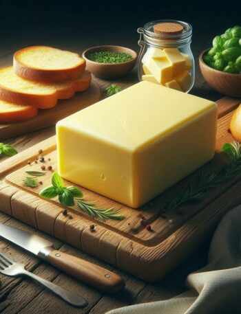 Un panetto di burro su un tagliere di legno con riccioli dorati accanto, evidenziando la sua consistenza morbida e lucente