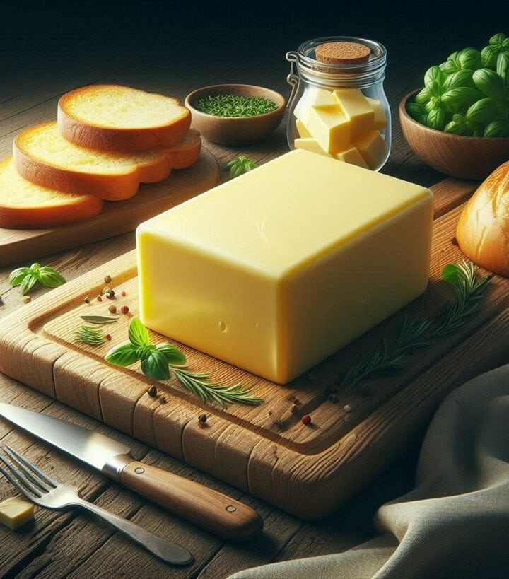 Un panetto di burro su un tagliere di legno con riccioli dorati accanto, evidenziando la sua consistenza morbida e lucente