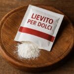 Bustina bianca e rossa di lievito per dolci con polvere fuoriuscita su tagliere di legno