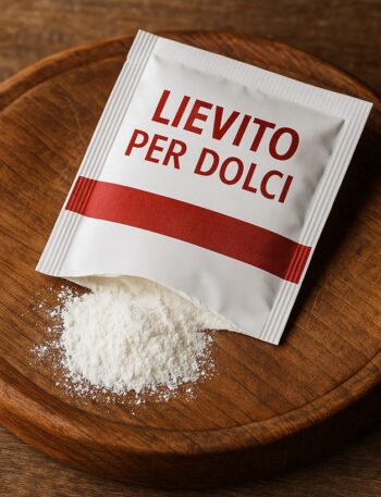 Bustina bianca e rossa di lievito per dolci con polvere fuoriuscita su tagliere di legno