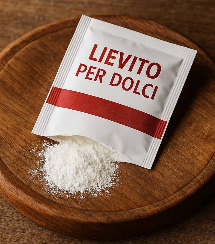 Bustina bianca e rossa di lievito per dolci con polvere fuoriuscita su tagliere di legno