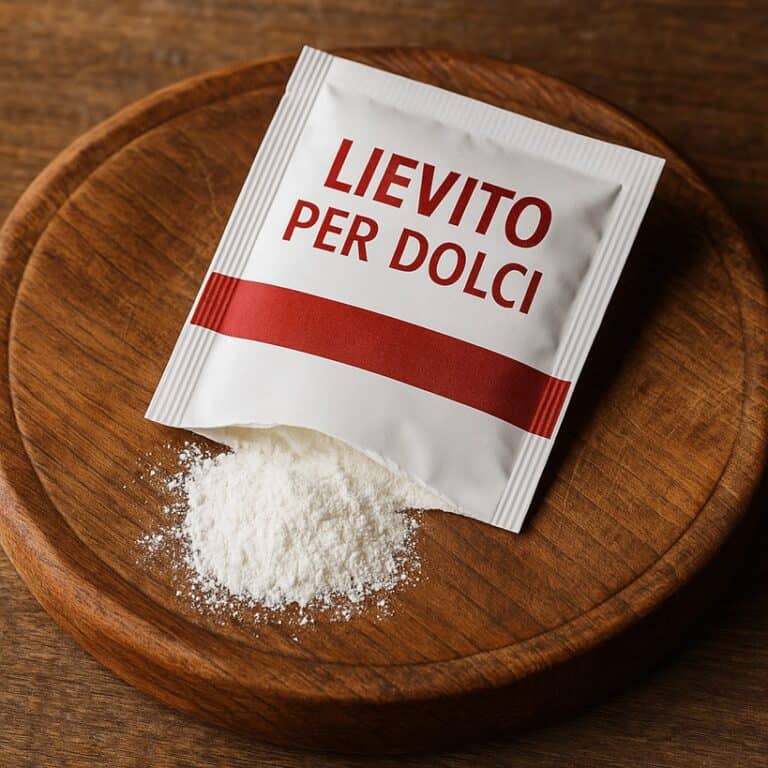 Bustina bianca e rossa di lievito per dolci con polvere fuoriuscita su tagliere di legno