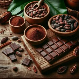 Fave di cacao essiccate e polvere di cacao, con una tonalità marrone intensa e texture naturale