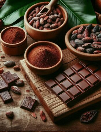 Fave di cacao essiccate e polvere di cacao, con una tonalità marrone intensa e texture naturale