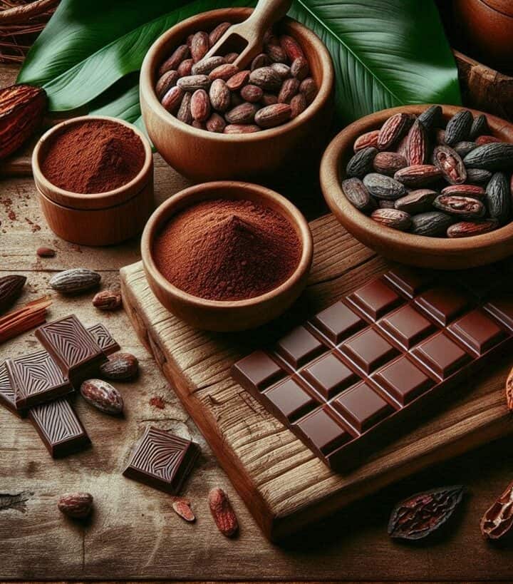 Fave di cacao essiccate e polvere di cacao, con una tonalità marrone intensa e texture naturale